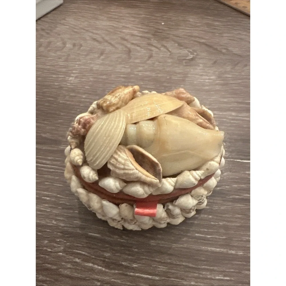 Vintage Seashell Trinket Box Velvet Interior Beachy Coastal